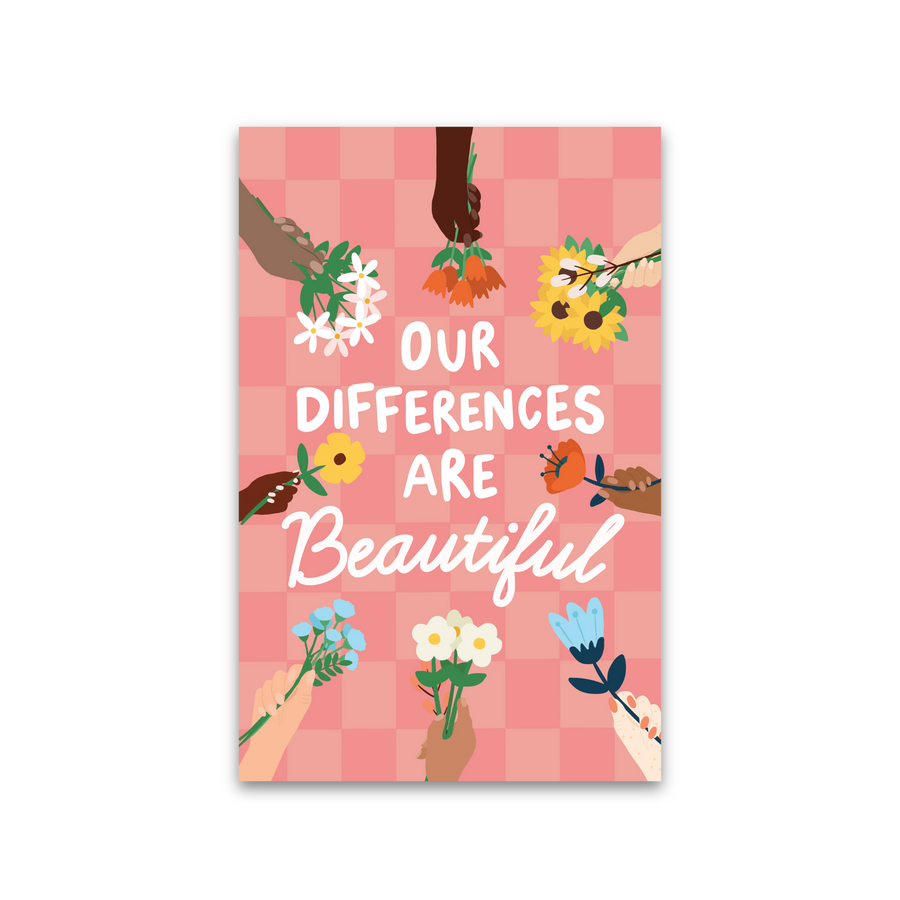 Card with 'Our Differences Are Beautiful' text and illustrations of hands holding flowers on a pink background