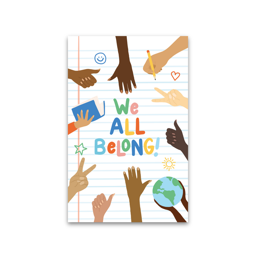Notebook cover with 'We All Belong!' text and diverse hands holding a globe, books, and other items on a lined paper background.